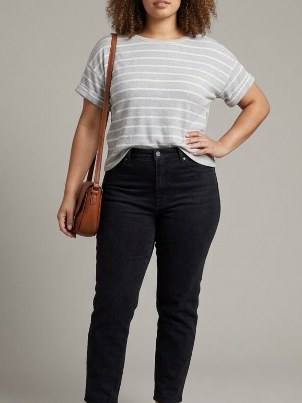 Grey & White Striped Short Sleeve Boxy Crop Tee Classic Staple Basic Summer XL